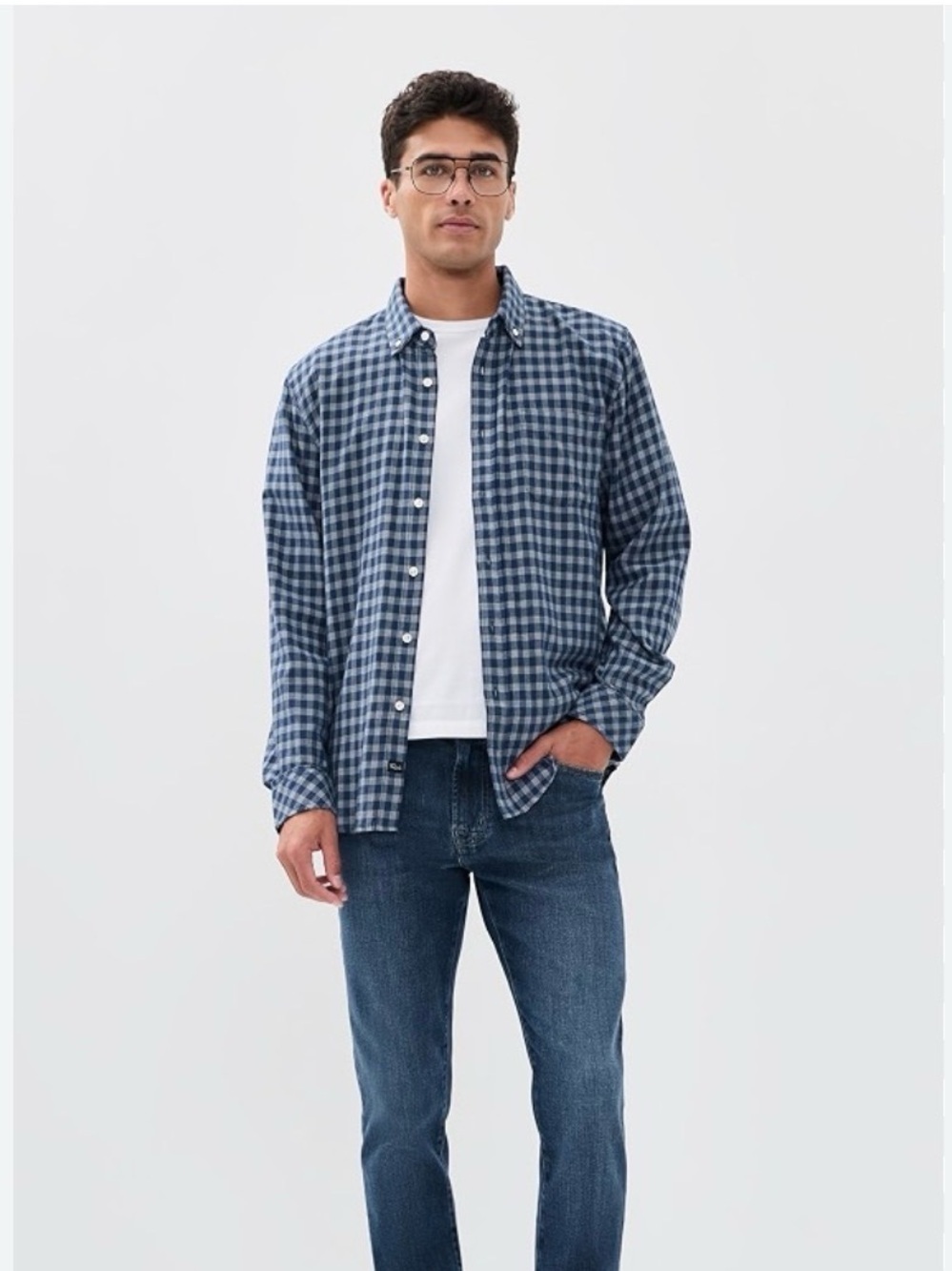 J. Crew Men's Navy and White Gingham Button-Down Shirt